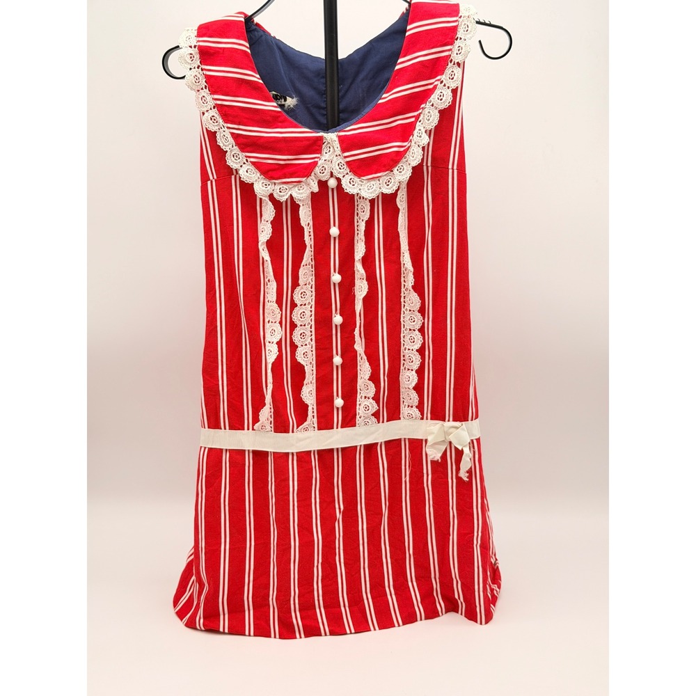 Vintage‎ Petites by Tamar Red White Striped Lace Trim Mod Sailor Dress Medium
